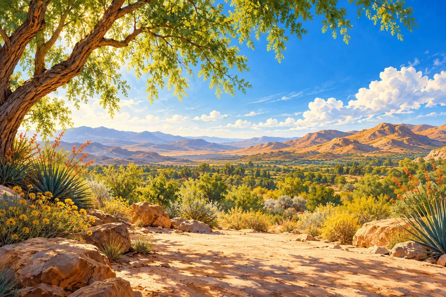 AI-generated desert landscape illustration for the Green Valley guide; not an actual community photograph.