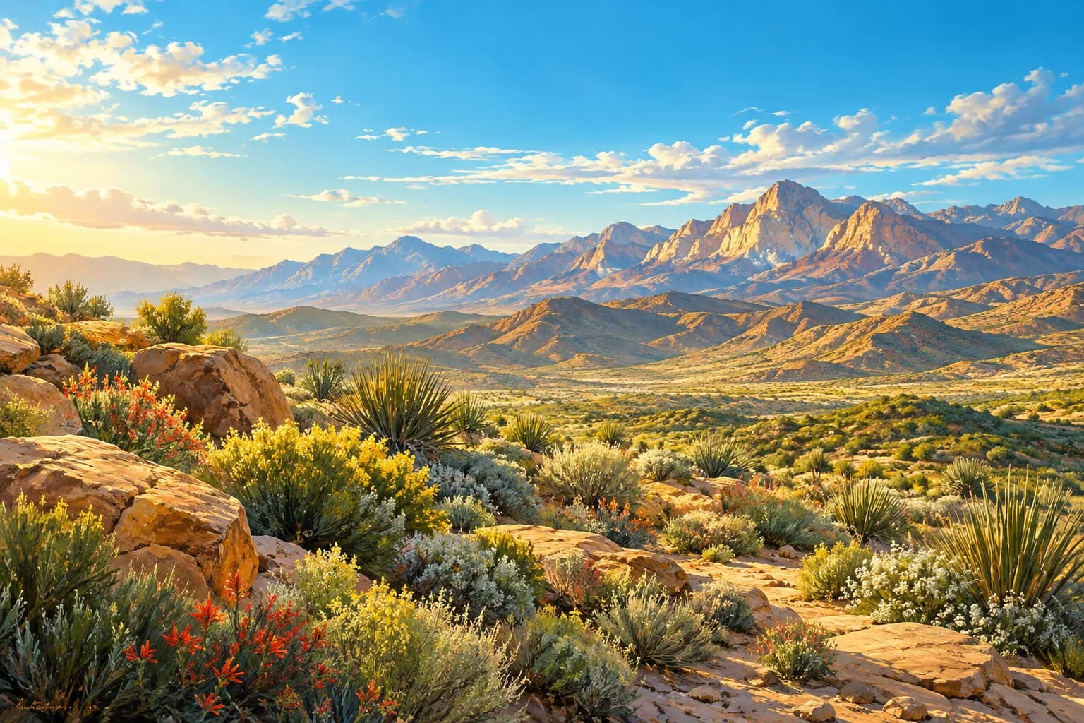 AI-generated desert landscape illustration for the Inspirada guide; not an actual community photograph.