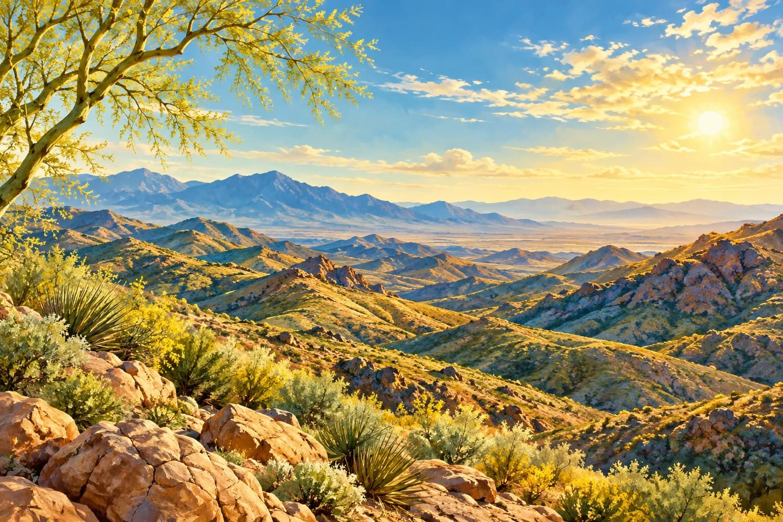 AI-generated desert landscape illustration for the Seven Hills guide; not an actual community photograph.