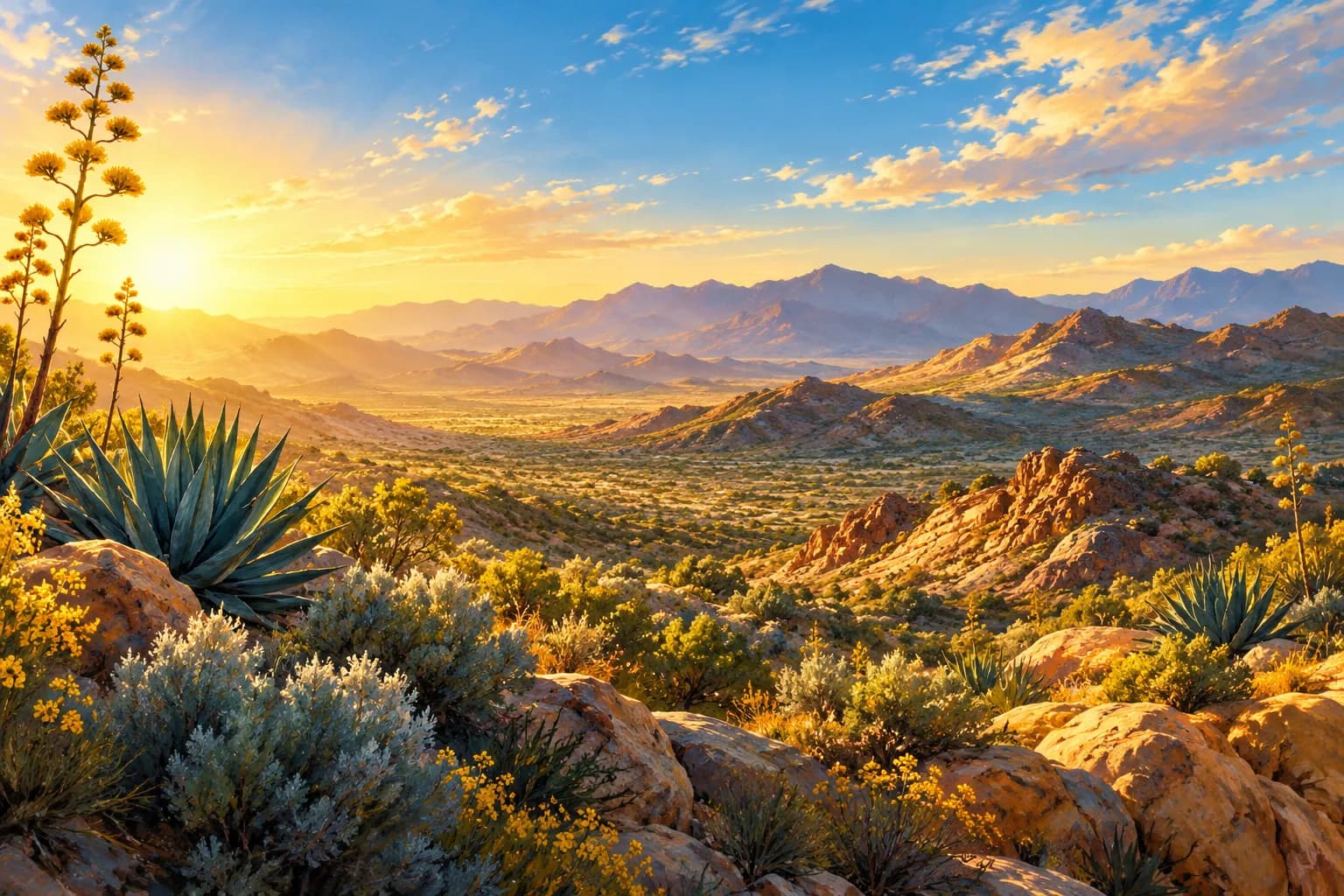 AI-generated desert landscape illustration for the Sun City Summerlin guide; not an actual community photograph.