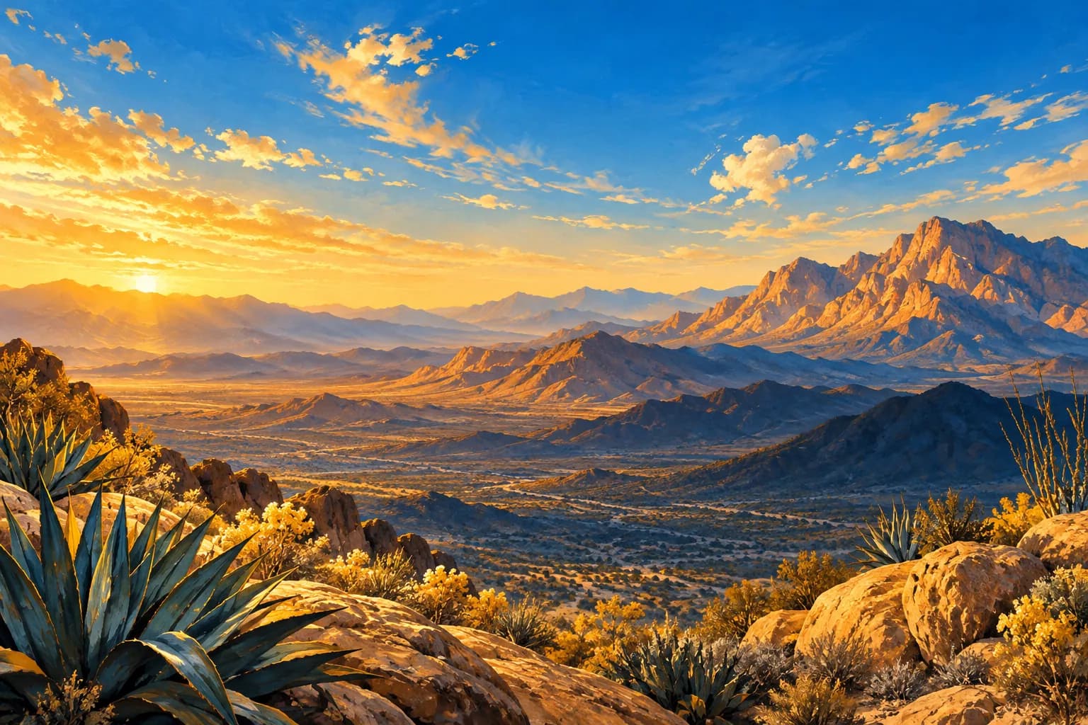 AI-generated desert landscape illustration for the The Summit Club guide; not an actual community photograph.