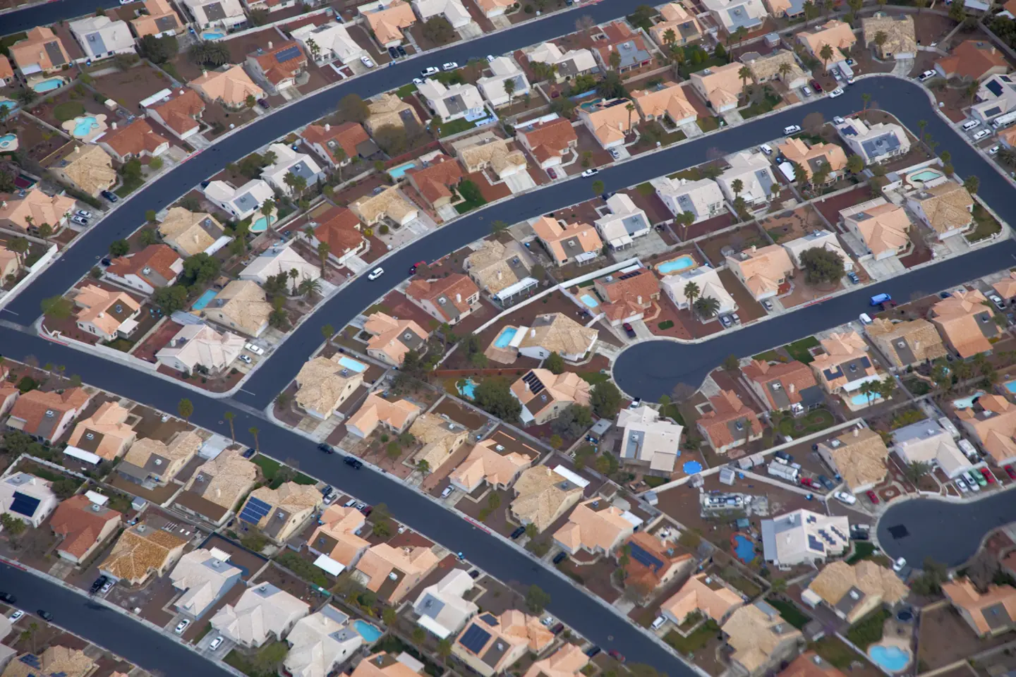 Aerial view of Las Vegas homes, streets and swimming pools