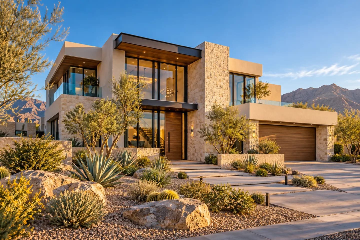AI illustration of a contemporary desert home with warm stone, expansive windows and desert landscaping