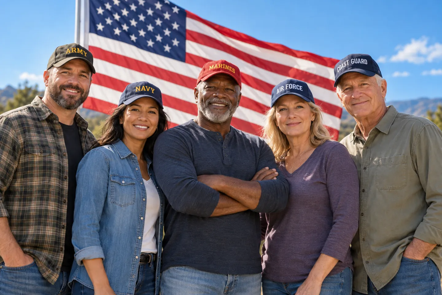 Illustration of five veterans wearing Army, Navy, Marines, Air Force and Coast Guard caps in front of an American flag